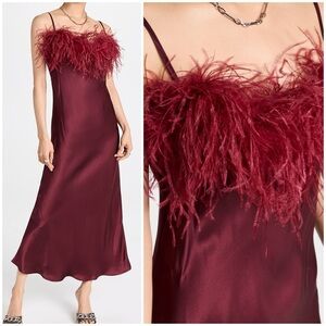 Sleeper Boheme Slip Dress with Feathers Plum satin midi boudoir sz XS